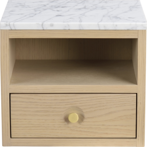 Sengebord natbord Rowico Whitmore hvidvasket egetræsfinér med hvid marmortop væghængt 24Ã28Ã25 cm